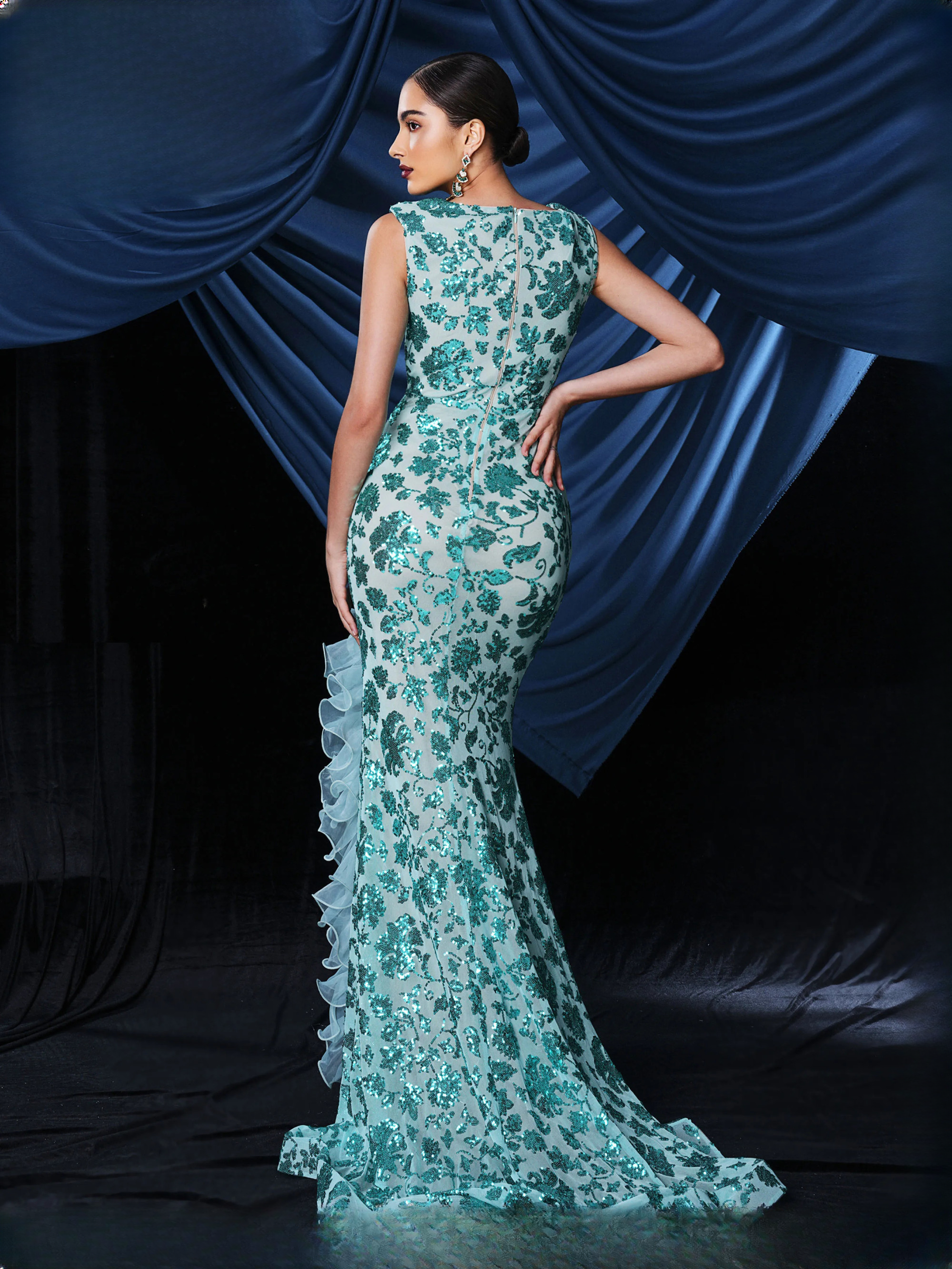 V Neck Sequin Split Gown Ground Length Formal Party Vintage Maxi Dresses - Image 3