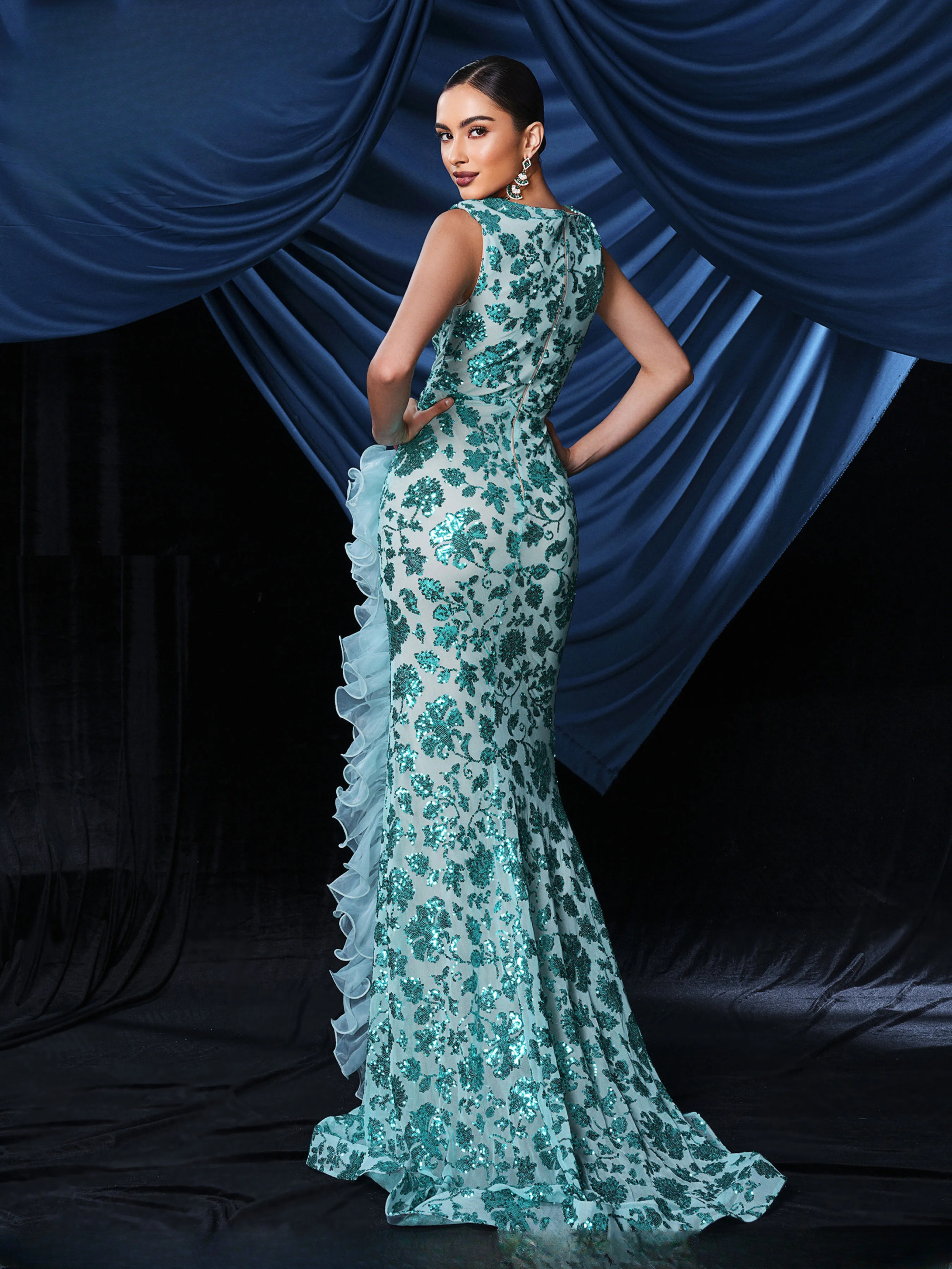 V Neck Sequin Split Gown Ground Length Formal Party Vintage Maxi Dresses - Image 5