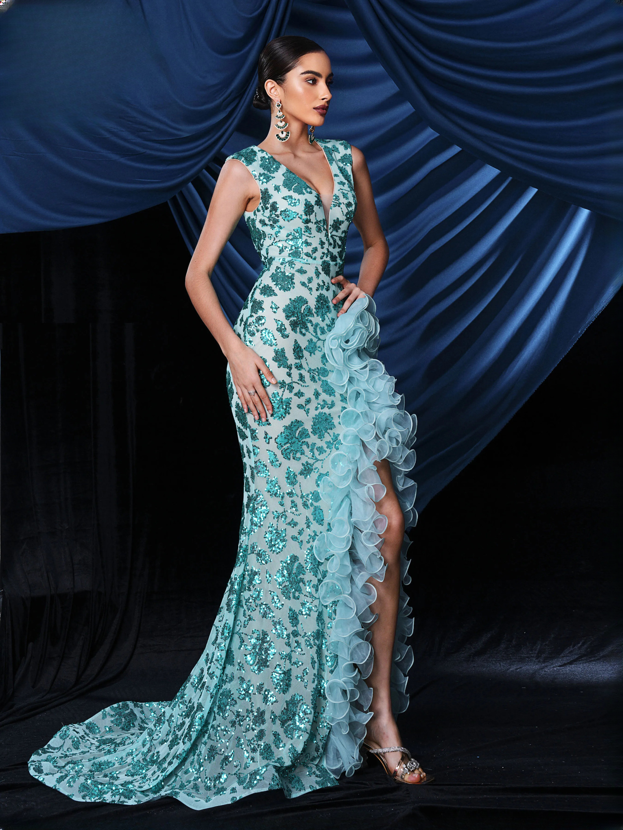 V Neck Sequin Split Gown Ground Length Formal Party Vintage Maxi Dresses