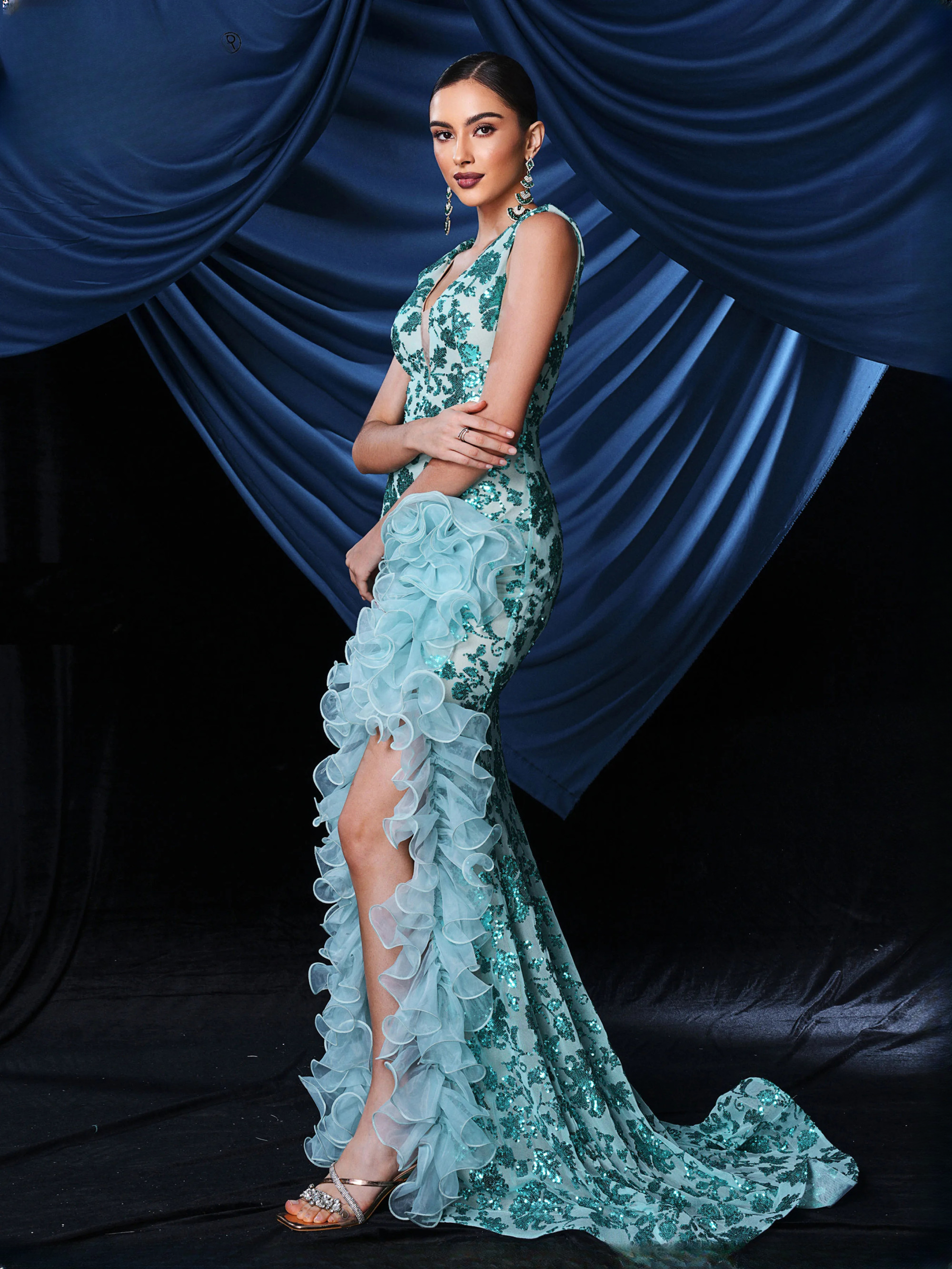 V Neck Sequin Split Gown Ground Length Formal Party Vintage Maxi Dresses - Image 6