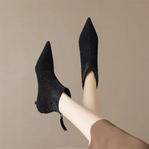 Elegant crystal decoration back zip natural suede leather kitten heel evening ankle boots