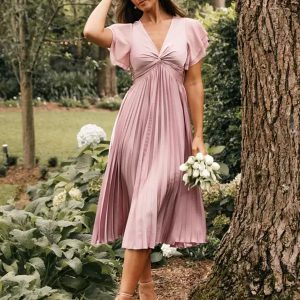 V-Neck Pattern Elastic Silk Like Satin Short Bridesmaid Dress