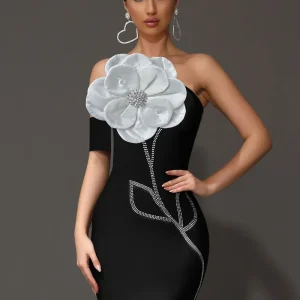3D Flower Decoration Diamond Strapless One Shoulder Bodycon Backless Dresses
