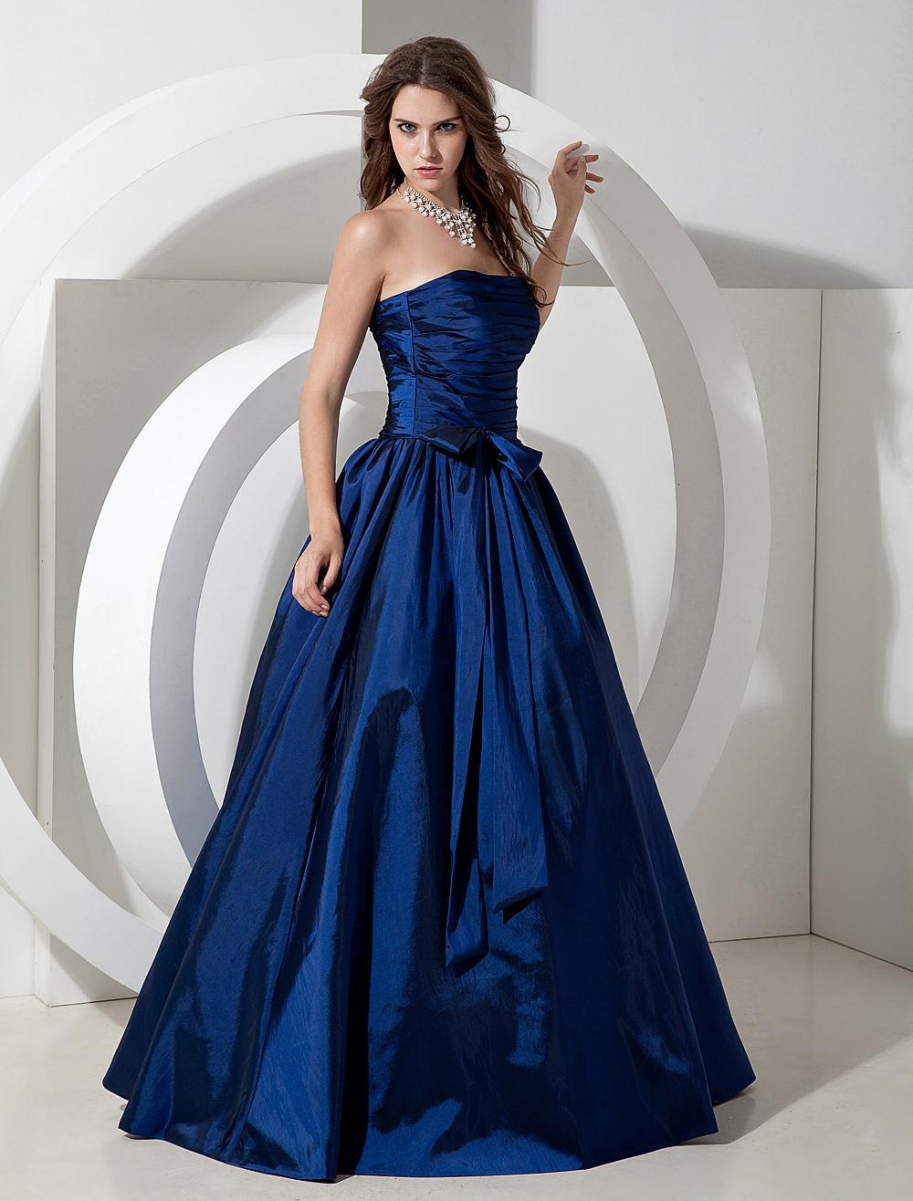 Long Royal Taffeta Floor Length Strapless A Line Pleated Bridesmaid Dresses - Image 3