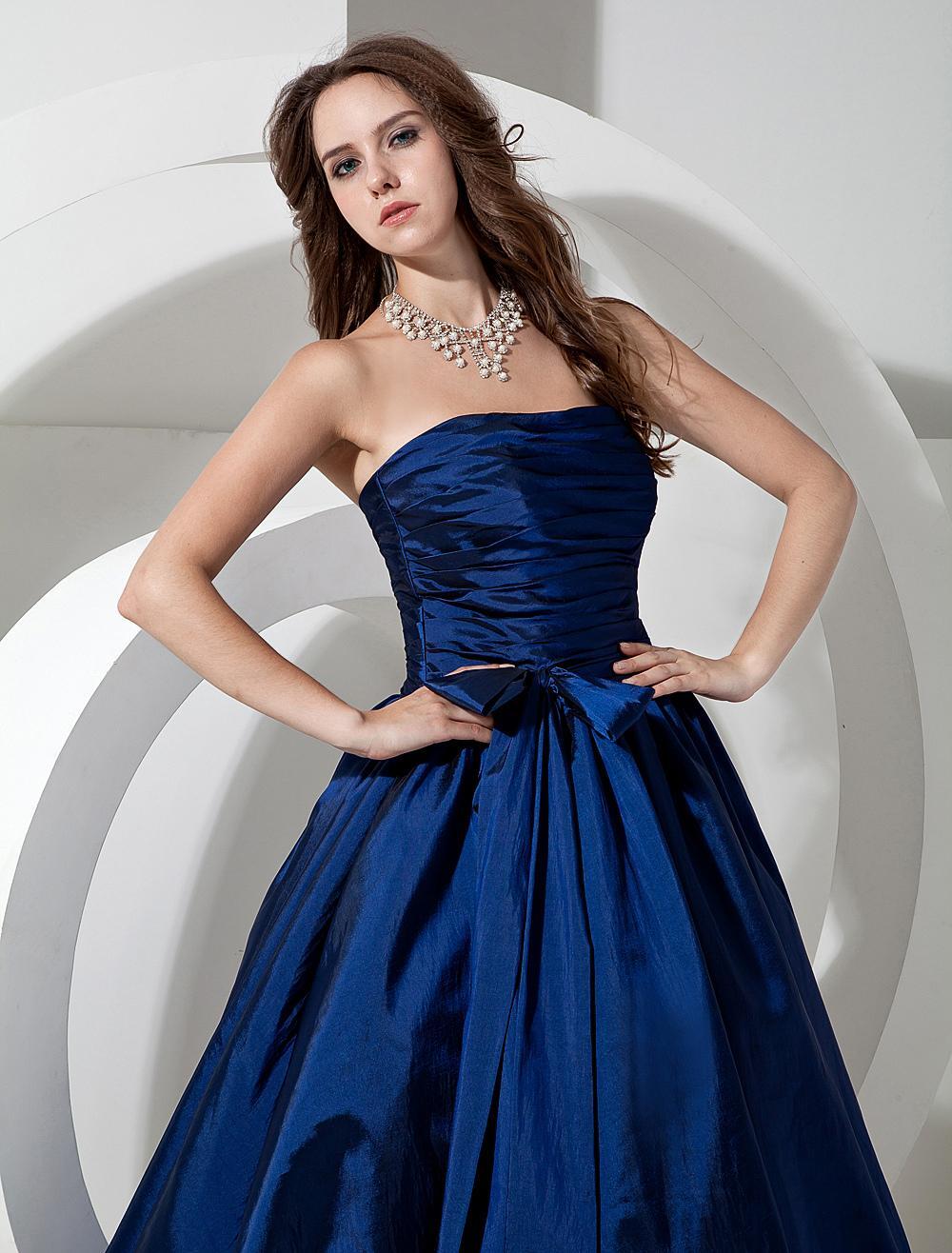 Long Royal Taffeta Floor Length Strapless A Line Pleated Bridesmaid Dresses