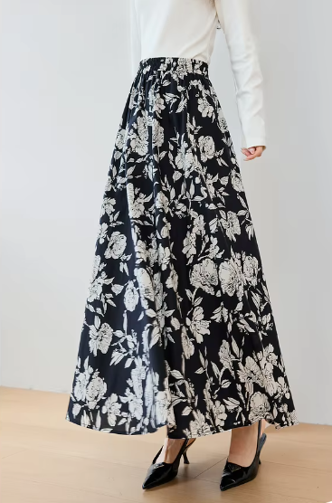 A-Line Floral Printed Waist Style Elegant And Vintage Midi Skirts - Image 5