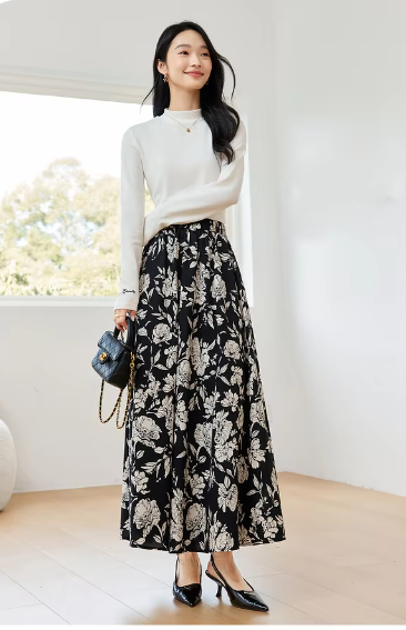 A-Line Floral Printed Waist Style Elegant And Vintage Midi Skirts - Image 4