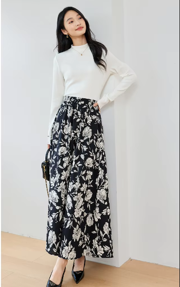 A-Line Floral Printed Waist Style Elegant And Vintage Midi Skirts - Image 2