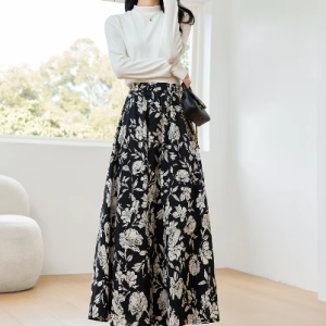 A-Line Floral Printed Waist Style Elegant And Vintage Midi Skirts