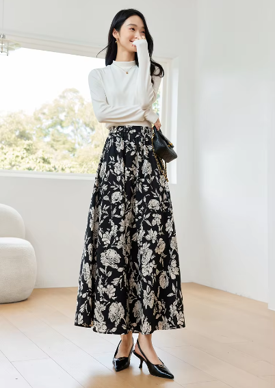 A-Line Floral Printed Waist Style Elegant And Vintage Midi Skirts