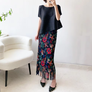 A-Line Pleated Retro Floral Long And Midi-Ancient Tassel Elegant Skirts