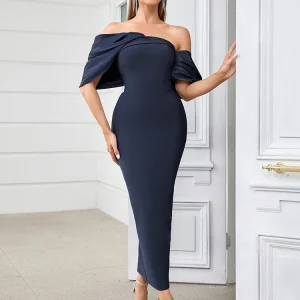 Asymmetric Sleeves Off Shoulder Slash Neck Patchwork Evening Party Bodycon Bandage Long Dresses