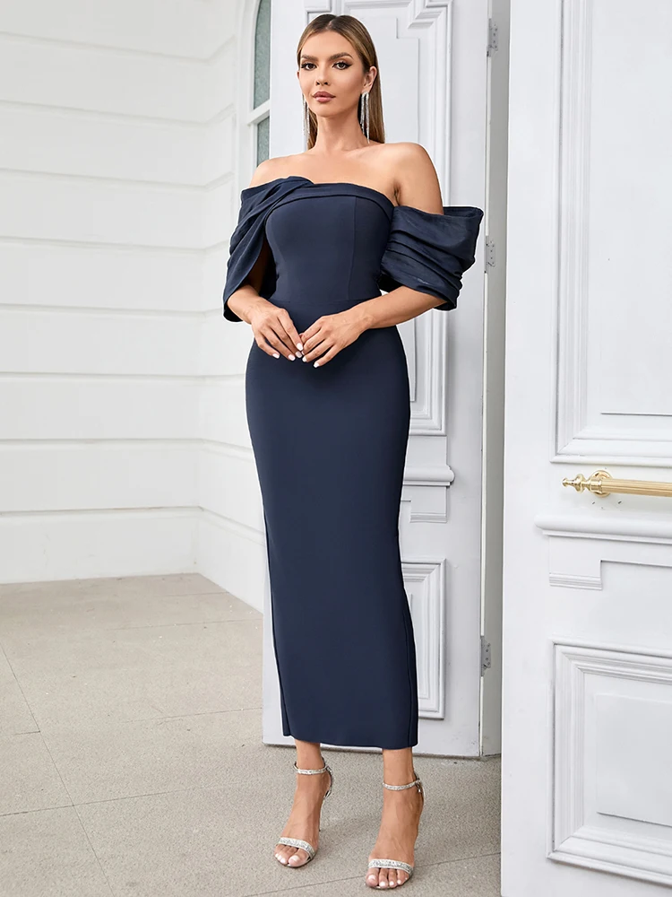 Asymmetric Sleeves Off Shoulder Slash Neck Patchwork Evening Party Bodycon Bandage Long Dresses - Image 4