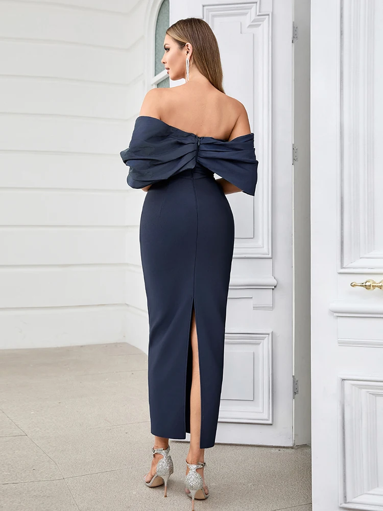 Asymmetric Sleeves Off Shoulder Slash Neck Patchwork Evening Party Bodycon Bandage Long Dresses - Image 6
