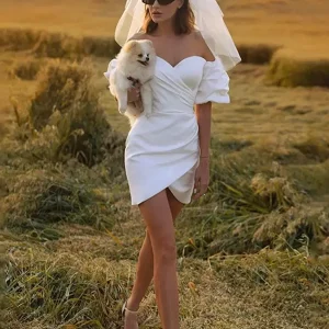 Pleated Bateau Neck Zipper Short Sleeves Stretch Crepe Bridal Short Wedding Dresses