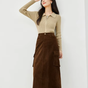 Cargo Style Straight Ealstic Waist Split Vintage And Beautiful Midi Skirts