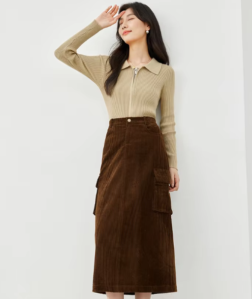 Cargo Style Straight Ealstic Waist Split Vintage And Beautiful Midi Skirts