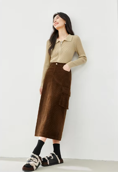 Cargo Style Straight Ealstic Waist Split Vintage And Beautiful Midi Skirts - Image 4