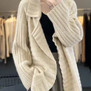 Cashmere Knitwear Coat Wool Thick Warm Turn-down Collar Loose Sweater