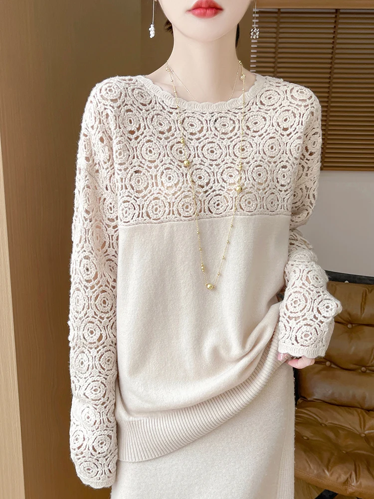 Cashmere O-Neck Pullover Long Sleeve Knitted Top Hollowed Out Jacquard Outerwear Sweater - Image 9