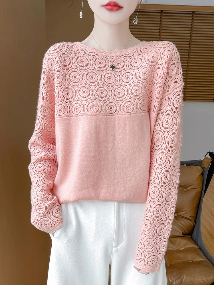 Cashmere O-Neck Pullover Long Sleeve Knitted Top Hollowed Out Jacquard Outerwear Sweater - Image 2