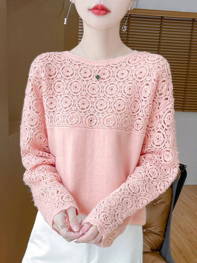 Cashmere O-Neck Pullover Long Sleeve Knitted Top Hollowed Out Jacquard Outerwear Sweater - Image 3
