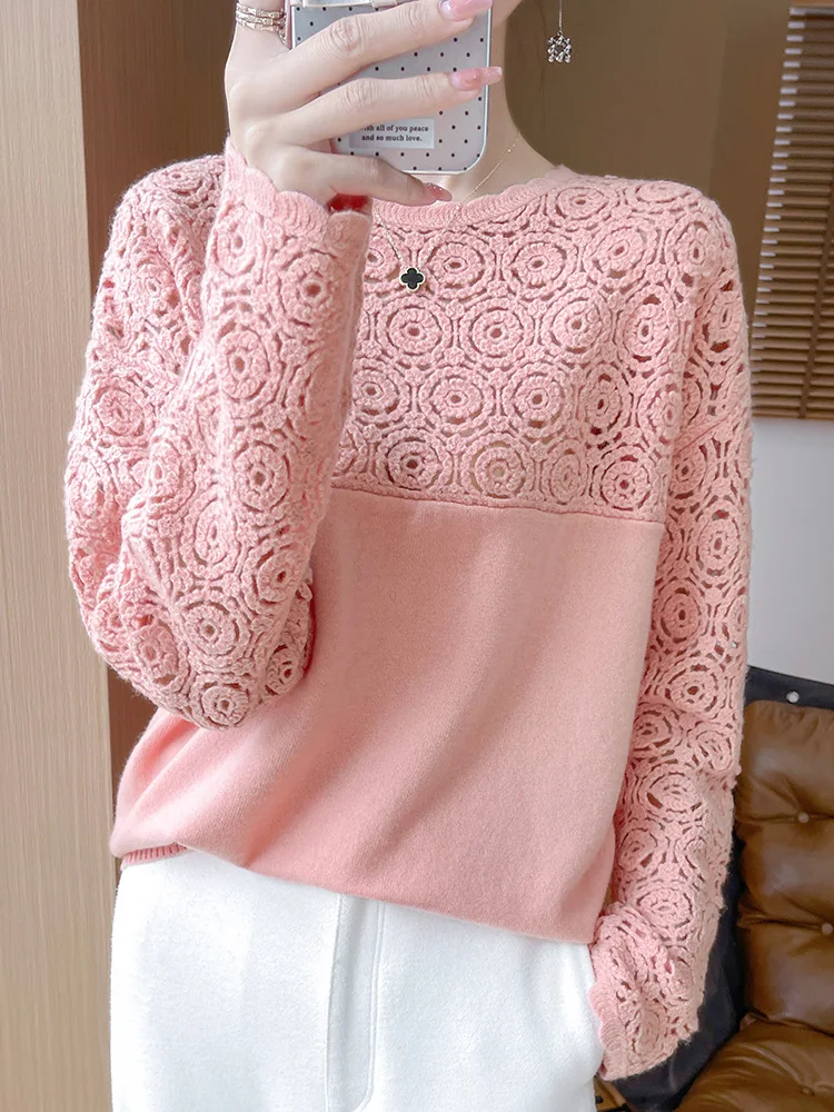 Cashmere O-Neck Pullover Long Sleeve Knitted Top Hollowed Out Jacquard Outerwear Sweater - Image 4