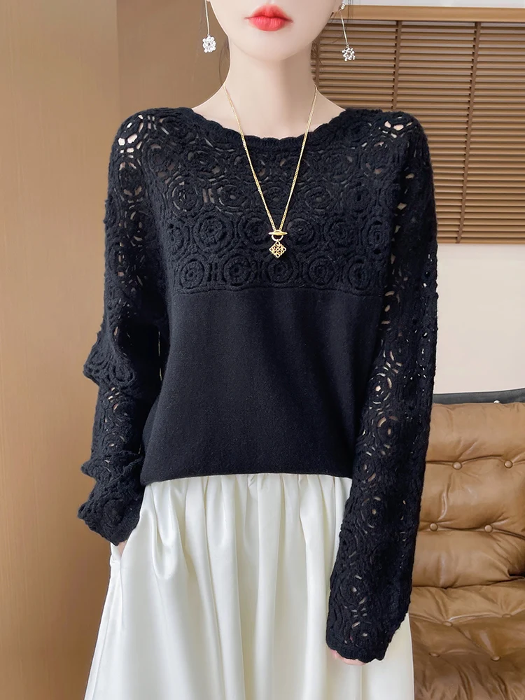 Cashmere O-Neck Pullover Long Sleeve Knitted Top Hollowed Out Jacquard Outerwear Sweater - Image 5