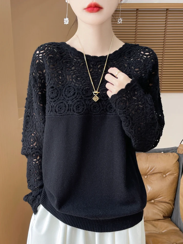 Cashmere O-Neck Pullover Long Sleeve Knitted Top Hollowed Out Jacquard Outerwear Sweater - Image 6