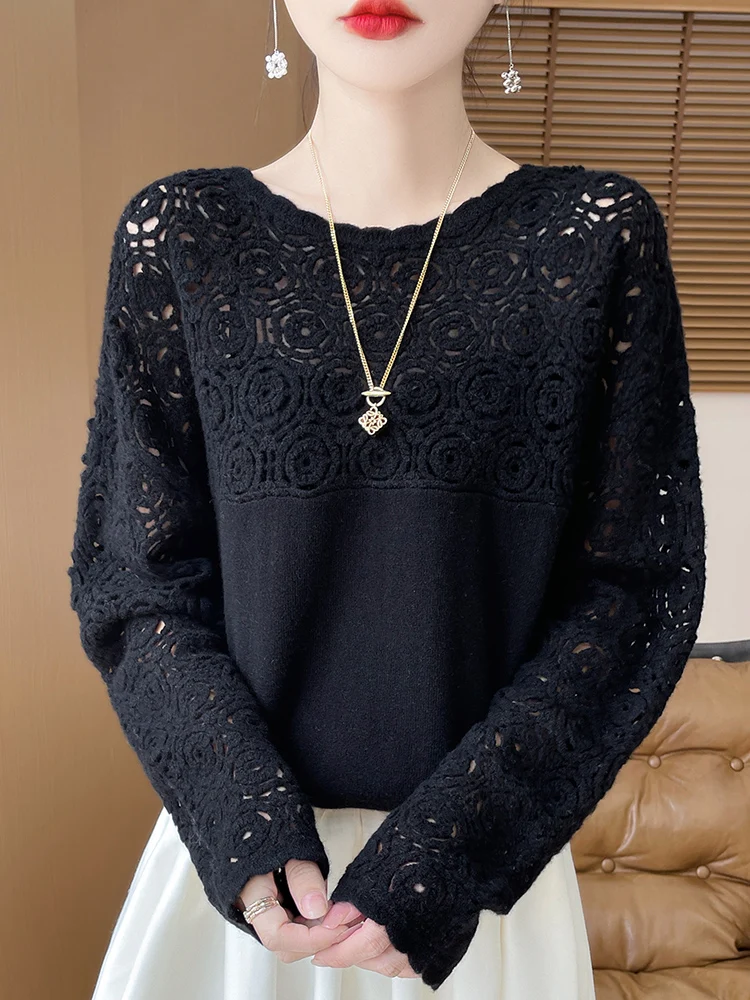 Cashmere O-Neck Pullover Long Sleeve Knitted Top Hollowed Out Jacquard Outerwear Sweater - Image 7