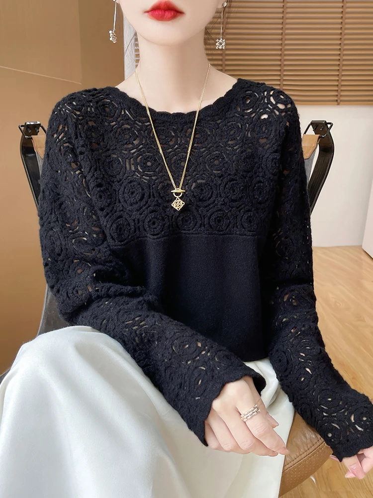 Cashmere O-Neck Pullover Long Sleeve Knitted Top Hollowed Out Jacquard Outerwear Sweater - Image 8