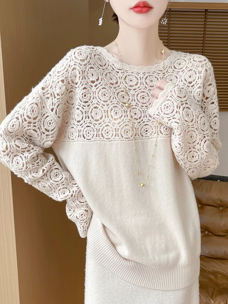 Cashmere O-Neck Pullover Long Sleeve Knitted Top Hollowed Out Jacquard Outerwear Sweater - Image 10