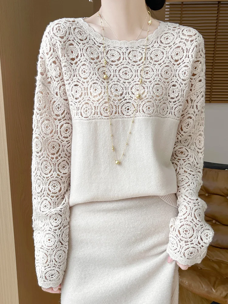 Cashmere O-Neck Pullover Long Sleeve Knitted Top Hollowed Out Jacquard Outerwear Sweater - Image 11