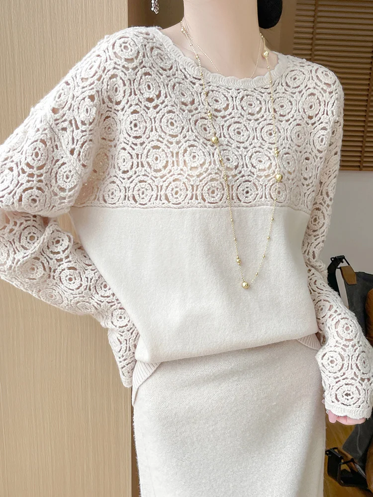 Cashmere O-Neck Pullover Long Sleeve Knitted Top Hollowed Out Jacquard Outerwear Sweater - Image 12