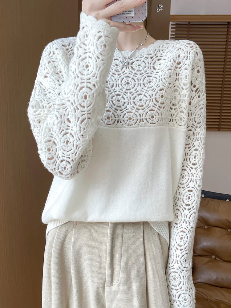 Cashmere O-Neck Pullover Long Sleeve Knitted Top Hollowed Out Jacquard Outerwear Sweater - Image 13