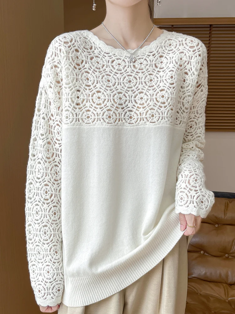 Cashmere O-Neck Pullover Long Sleeve Knitted Top Hollowed Out Jacquard Outerwear Sweater - Image 14