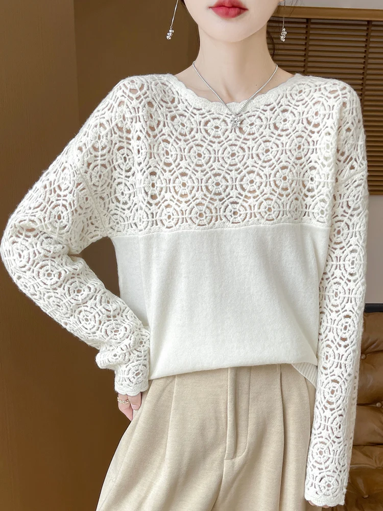 Cashmere O-Neck Pullover Long Sleeve Knitted Top Hollowed Out Jacquard Outerwear Sweater - Image 15