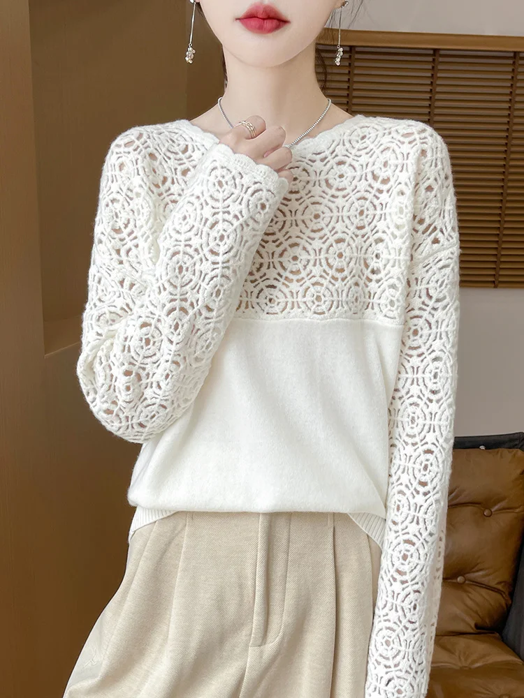 Cashmere O-Neck Pullover Long Sleeve Knitted Top Hollowed Out Jacquard Outerwear Sweater - Image 16