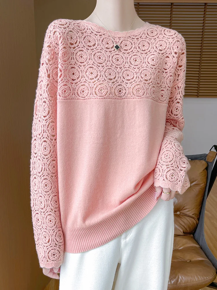 Cashmere O-Neck Pullover Long Sleeve Knitted Top Hollowed Out Jacquard Outerwear Sweater