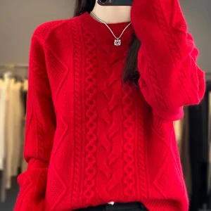 Cashmere Wool Pullover O-Neck Twist Flower Knitwear Quality Soft Warm Jumper Sweater