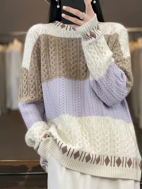 Cashmere Wool Round Neck Knitted Pullover Loose Large Long Sleeve Sweater