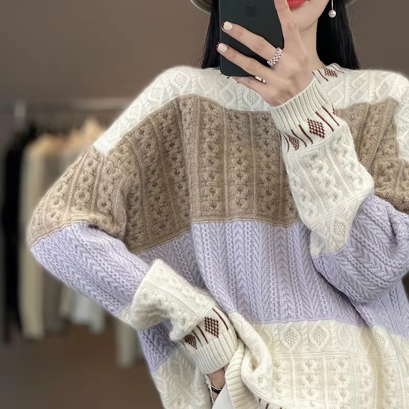 Cashmere Wool Round Neck Knitted Pullover Loose Large Long Sleeve Sweater - Image 5