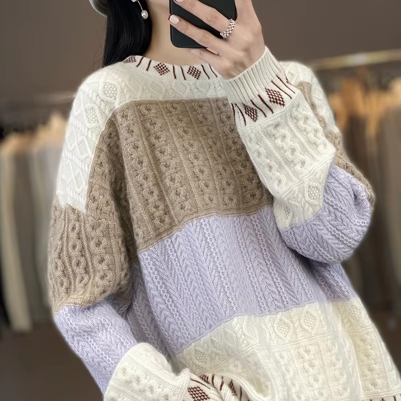 Cashmere Wool Round Neck Knitted Pullover Loose Large Long Sleeve Sweater - Image 3