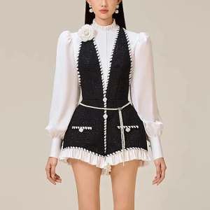 Casual Contrast Patchwork Stand Collar Long Sleeve Short Jumpsuit