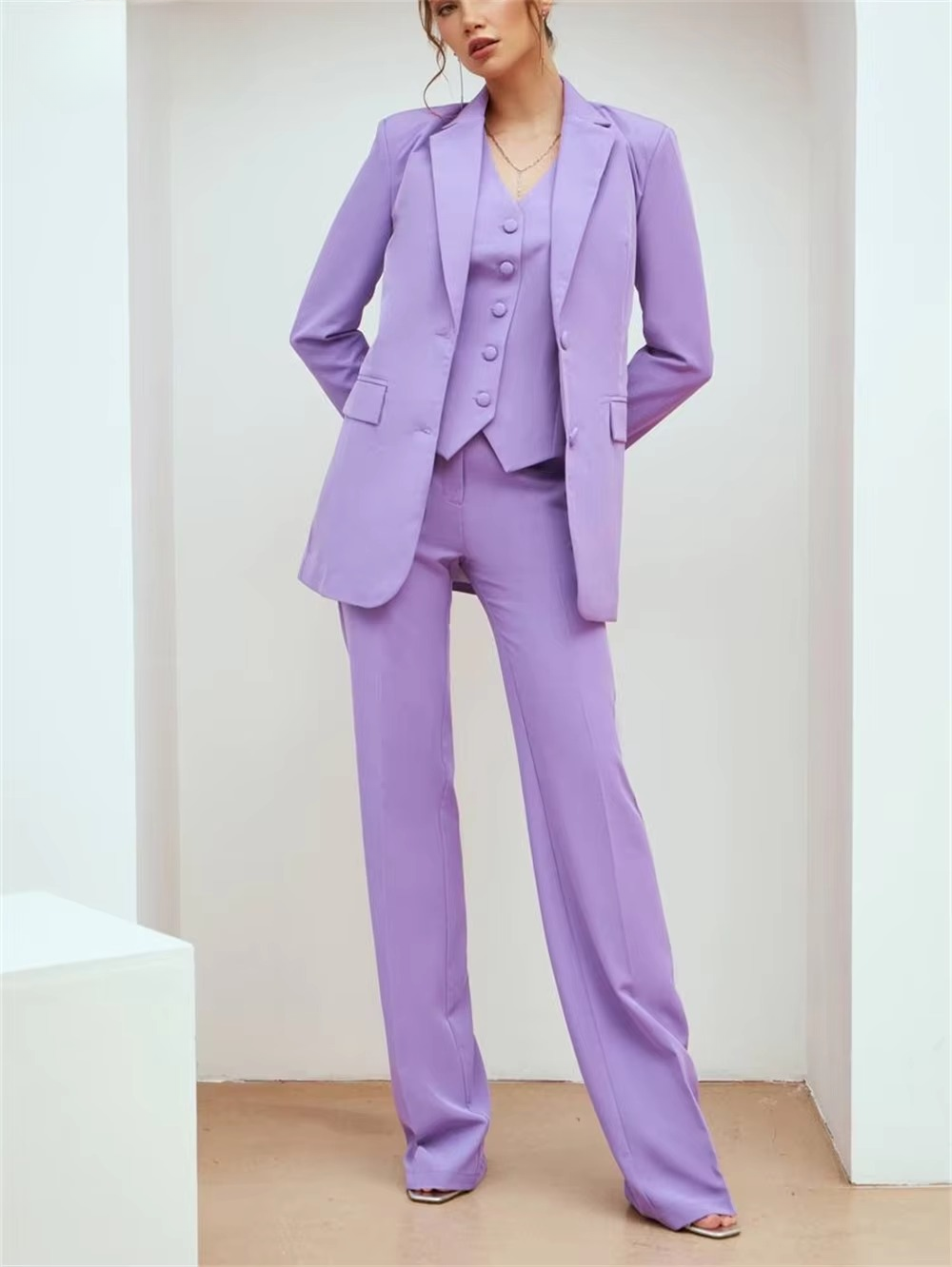 Casual Double Breasted Notched Blazer Vest Pants Solid Tuxedo Plus Size Three Piece Office Suit - Image 7