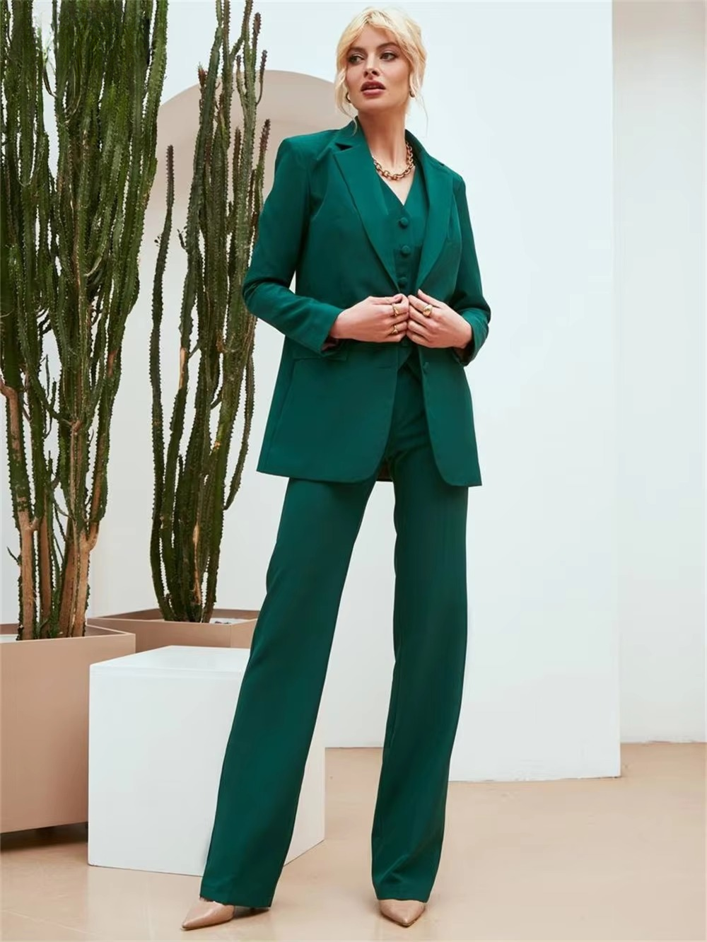 Casual Double Breasted Notched Blazer Vest Pants Solid Tuxedo Plus Size Three Piece Office Suit - Image 2