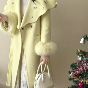 Casual Fox Hair Stitching Sleeves Double Sided Woolen Button Belt Gathered Waist Coats