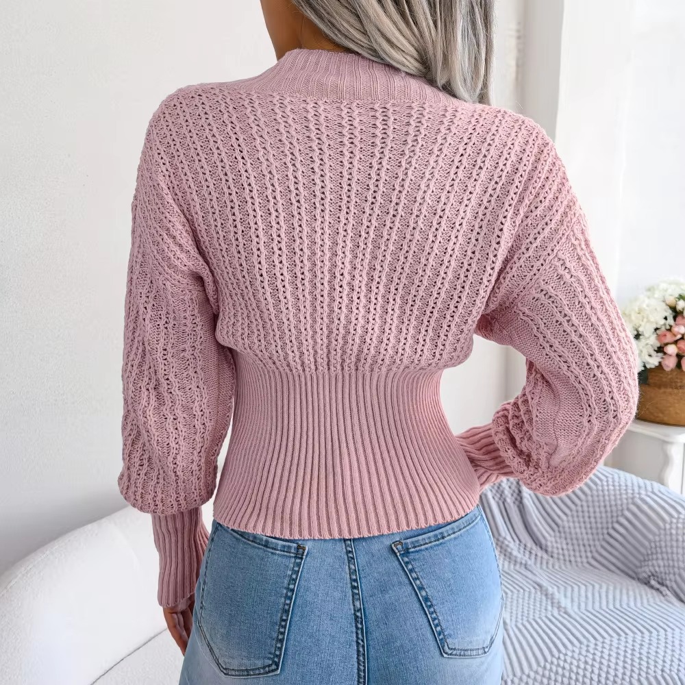 Casual Hollow V Neck Bat Sleeve High Waist Solid Color Pullover Sweater - Image 18