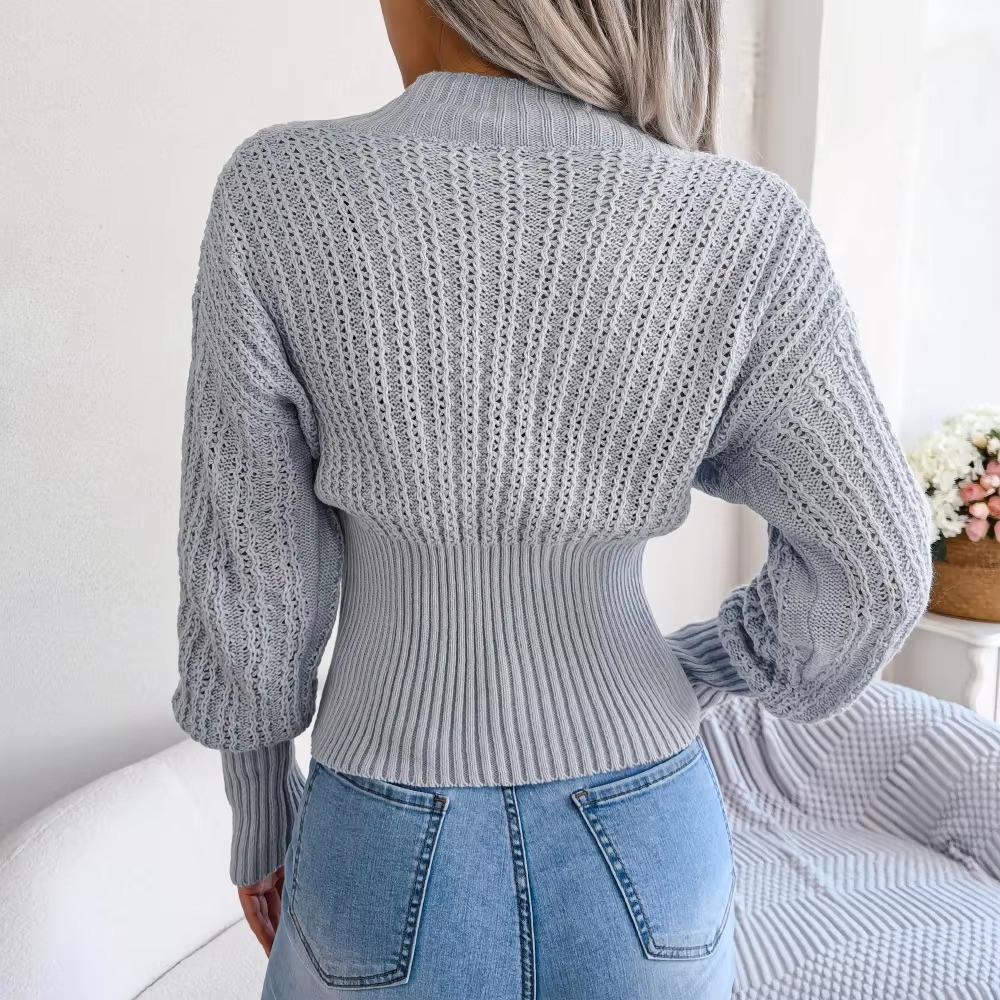 Casual Hollow V Neck Bat Sleeve High Waist Solid Color Pullover Sweater - Image 12