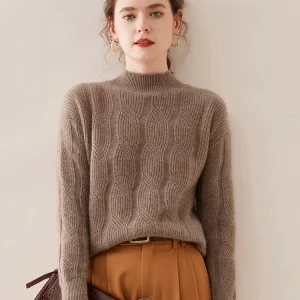 Casual Knitwear Thick Pullover Twist Flower Mock Neck Solid Cashmere Sweater